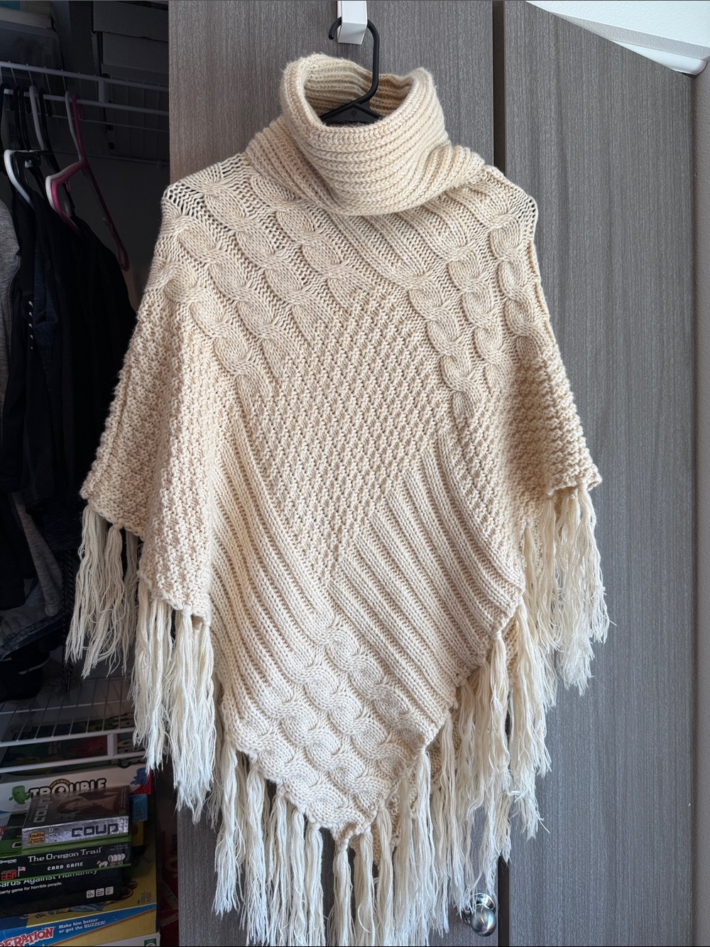 Cream Turtleneck Cable-Knit Fringe Poncho